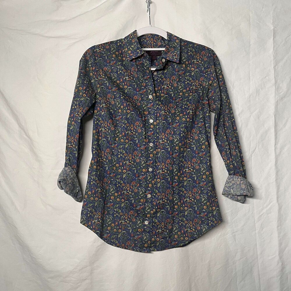 J. Crew Liberty Blue Floral Bird Catesby Floral Perfect Cotton Poplin Shirt 00 W